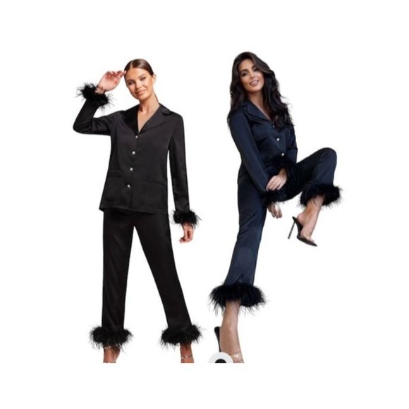 NADINE MERABI black set pjama silk fashion designer luxury fur pants & shirt